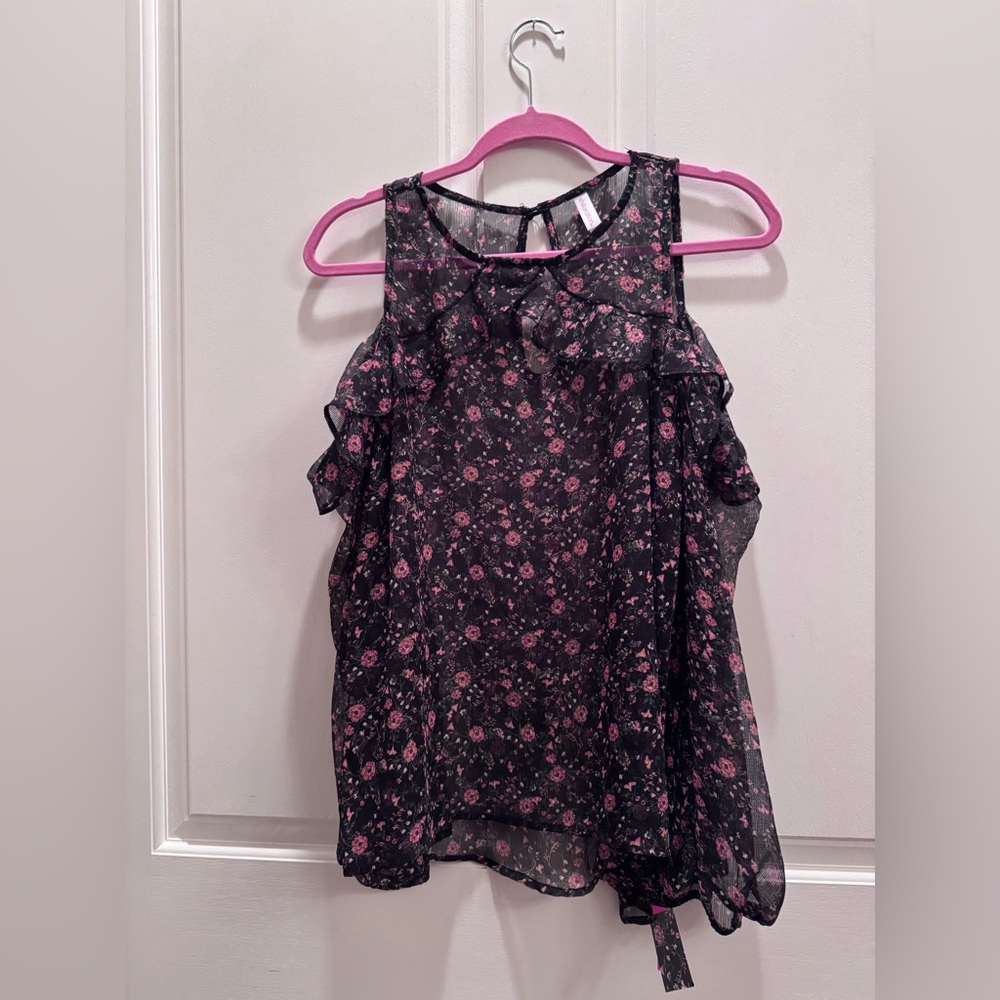 Black Sheer Floral Ruffle Camisole with Pink Flowers